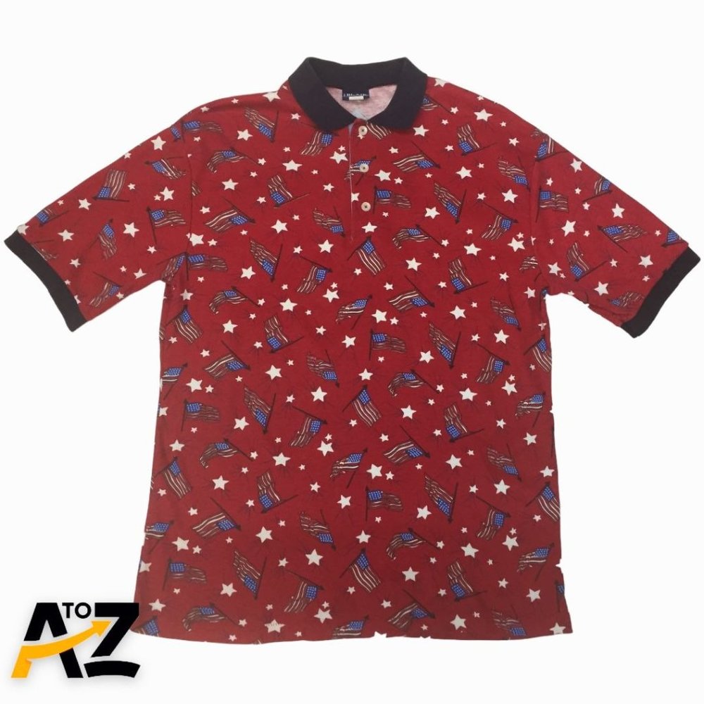 Vintage J Blair Mens Polo Shirt Size M Red Short Sleeves Collared US Flag Made i